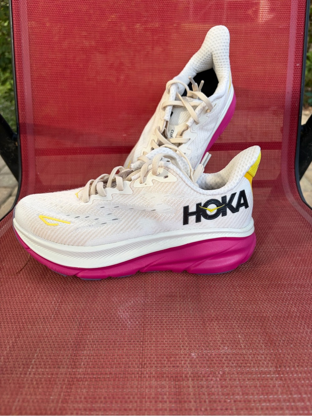 Hoka Clifton 9 Women's Cream and Pink Athletic Running Shoes with Yellow Accents